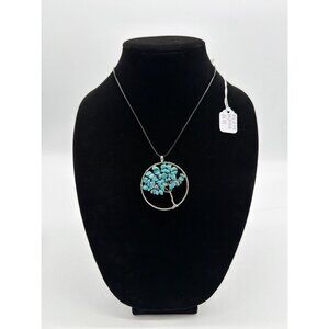 Tree Of Life Pendant Necklace With Turquoise Stones On Black Cord Adjustable Lob